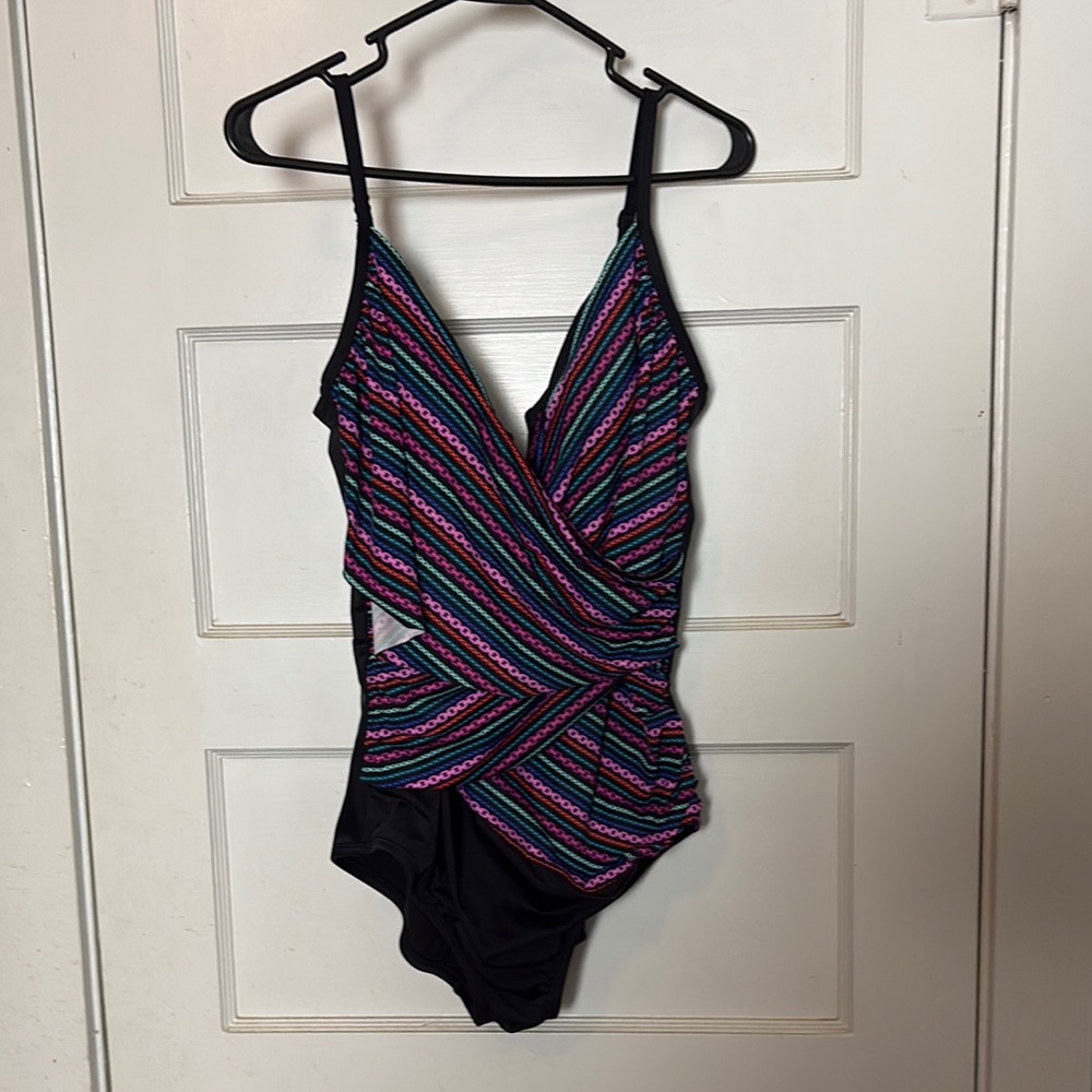 Curves Black and Pink One Piece Swimsuit with Wrap-Style Front Size XL (16-18)